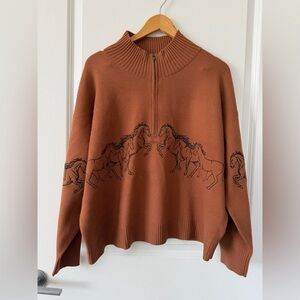 Anthropologie Maeve Montana Mock neck half zip sweater Rust Brown Horse-Print